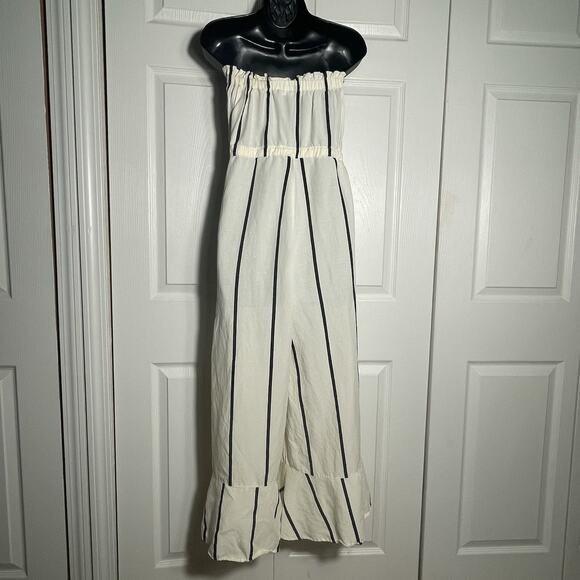 Anthropologie Sancia Jumpsuit Women Small Beige Stripe Linen Blend Wide Leg Slit - Picture 4 of 13